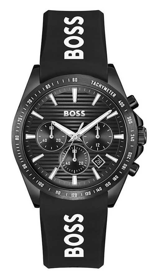 boss-1514289 Boss Strike Black-dial Chronograph Watch with Silicone Logo Strap 1514289