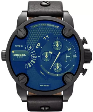 Diesel Little Daddy Blue Dial Black Leather Strap Watch For Men - DZ7257