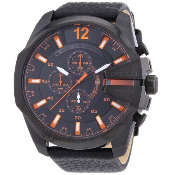 NEW DIESEL MEGA CHIEF DZ4291 BLACK/ORANGE/LEATHER CHRONOGRAPH MENS WATCH