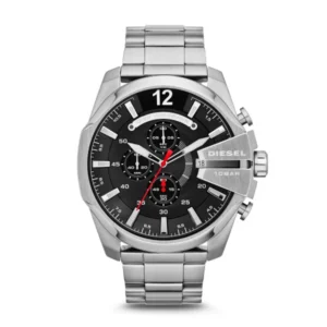 Diesel Mega Chief Silver Stainless Steel Quartz Black Dial Men's Watch DZ4308, Silver, Chronograph