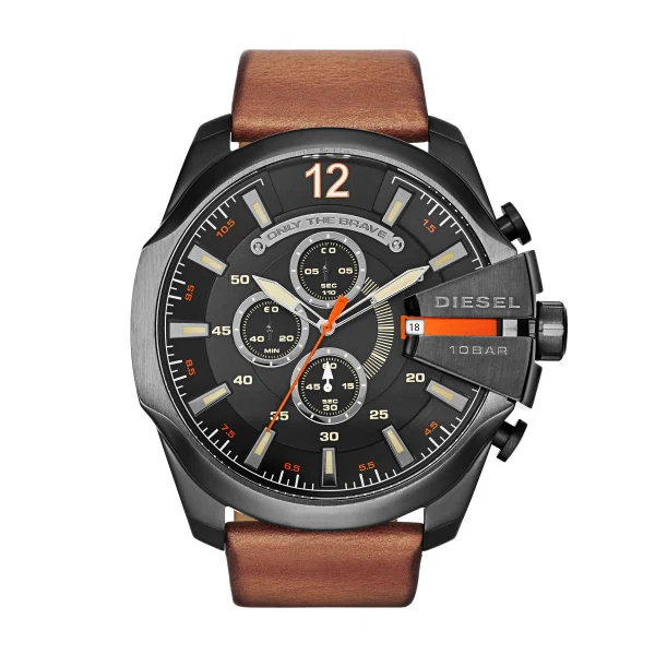 Diesel Mega Chief Chronograph Black Dial Brown Leather Strap Watch For Men  DZ4343