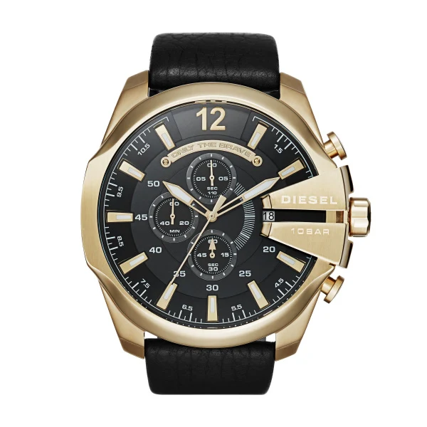 Diesel DZ4344 Mega Chief Chronograph Gold Case Black Leather Strap Men's Watch