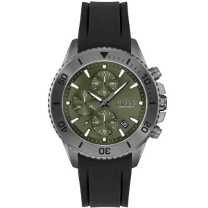 HUGO BOSS ADMIRAL OLIVE GREEN DIAL BLACK SILICON WATCH HB1513967