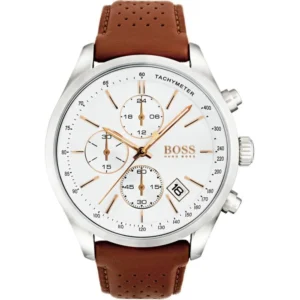 Hugo Boss Men's Grand Prix Chronograph Watch White Dial Brown Leather Strap 44mm