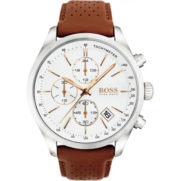Hugo Boss Men's Grand Prix Chronograph Watch White Dial Brown Leather Strap 44mm