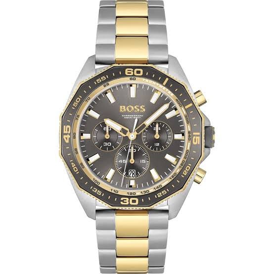 Hugo Boss hb1513974 Men's Energy Chronograph Watch Grey Dial Two-Tone Bracelet Dodecagon Bezel 44mm