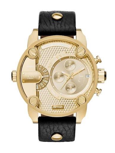 DIESEL LITTLE DADDY "ONLY THE BRAVE" GOLD TONE,BLACK LEATHER BAND WATCH DZ7363
