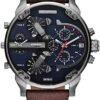 NEW DIESEL MENS WATCH DZ7314 57MM XL LEATHER BROWN STRAP NAVY BLUE DIAL GENUINE