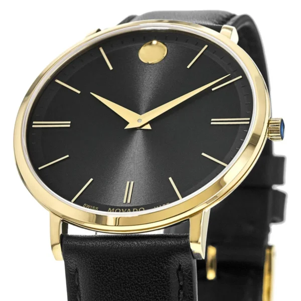 0607087 Movado Ultra Slim Black Dial Black Leather Strap Watch For Men - 0607087