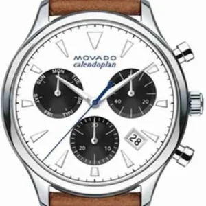 1-119 Movado Heritage Calendoplan Chronograph White Dial Brown Leather Strap Watch for Men - 3650008