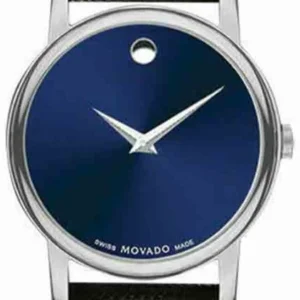 Movado Museum Blue Dial Black Leather Strap Watch For Women - 2100010