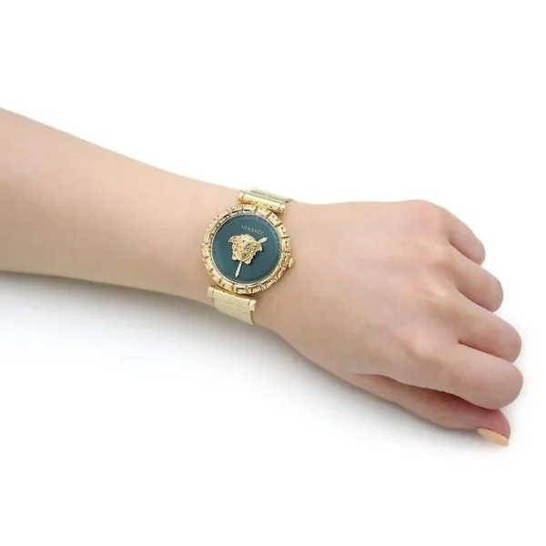 1304030243_max_3c097f03-d92d-4aa5-8446-f7f97ab9590a Versace Palazzo Empire Greca Green Dial Gold Mesh Bracelet Watch for Women - VEDV00819