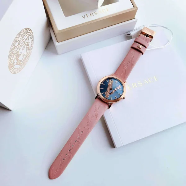 Versace Virtus Quartz Grey Dial Pink Leather Strap Watch for Women - VEHC00319