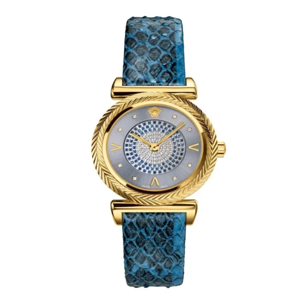 1_681ff3c0-5a5a-46dc-a9ea-068a6bd5b985 Versace V-Motif Vintage Logo Diamonds Blue Dial Blue Leather Strap Watch for Women - VERE01018