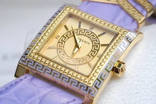 Versace Day Glam Chronograph Gold Dial Purple Leather Strap Watch for Women - VQF040015