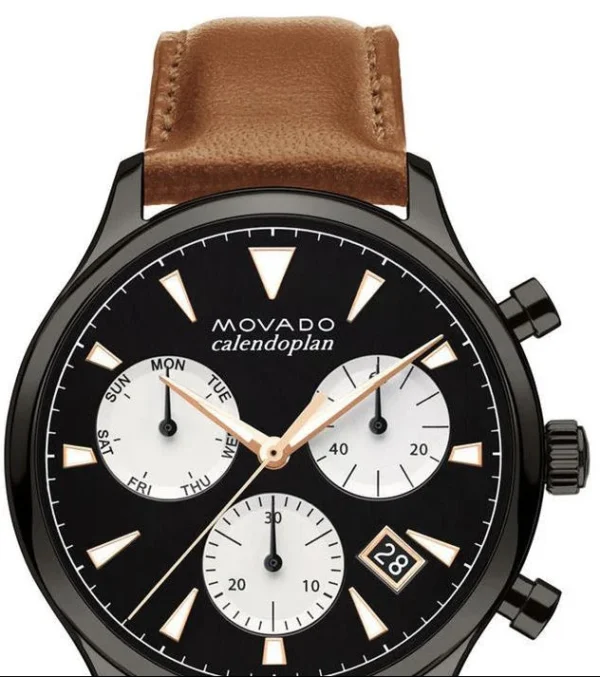 3650022 Movado Heritage Calendoplan Chronograph Black Dial Brown Leather Strap Watch for Men - 3650022