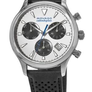 Movado Heritage Calendoplan Chronograph Silver Dial Black Leather Strap Watch for Men - 3650024