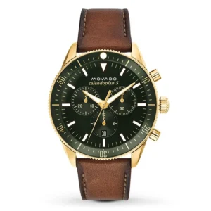 Movado Heritage Chronograph Green Dial Brown Leather Strap Watch For Men - 3650062