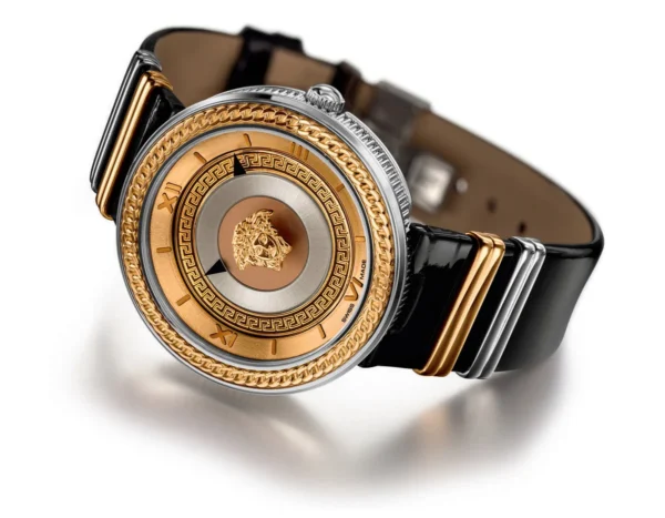 3ffe55a0dc2ca145f868469e3a18f767 Versace V Metal Icon Gold Dial Black & Silver & Gold Strap Watch for Women - VLC020014