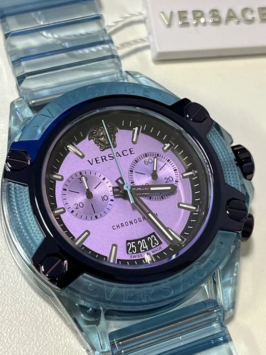 57267b42-da09-4abe-b699-91b59b01bbc3_49551f6b-164c-4e4f-ba3b-e6e30a24dacf Versace Icon Active Chronograph Purple Dial Blue Silicone Strap Watch For Men - VEZ701523