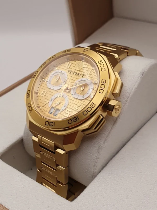 58c6bc39-a77a-4434-b104-05fe606e8828 Versace Dylos Chronograph Gold Dial Gold Steel Strap Watch for Men - VQC040015