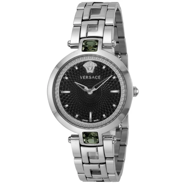 5f200cc8752d6200559b83e2-large Versace Crystal Gleam Guilloche Black Dial Silver Steel Strap Watch for Women - VAN030016