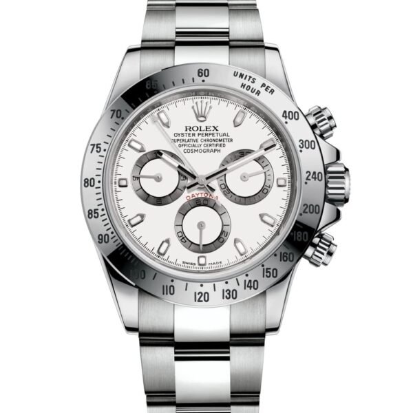 ROLEX PERPETUAL SUPERLATIVE CHRONOMETER OFFICIALLY CERTIFIED COSMOGRAPH DAYTONA WATCH WHITE WITH STAINLESS STEEL SILVER BELT
