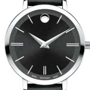 61R-f0tKPnL Movado Ultra Slim Black Dial Black Leather Strap Watch For Women - 0607094