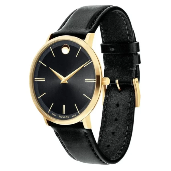 61ql_eB8-3L Movado Ultra Slim Black Dial Black Leather Strap Watch For Men - 0607087
