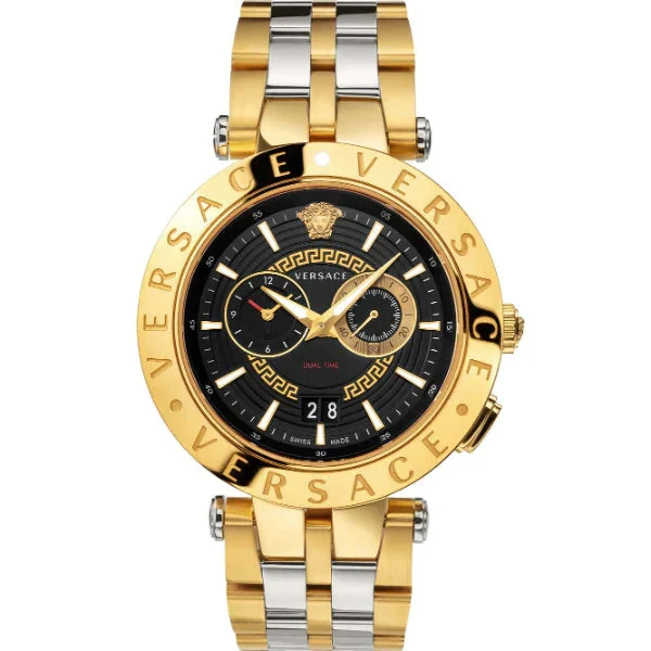 71906 Versace V-Race Quartz Black Dial Gold Steel Strap Watch For Men - VEBV00519