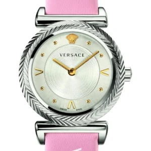Versace V-Motif Silver Dial Pink Leather Strap Watch for Women - VERE00118