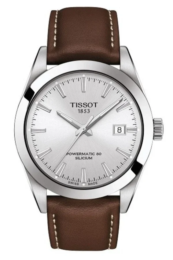 77657 Tissot Gentleman Powermatic 80 Silicium Silver Dial Brown Leather Strap Watch For Men - T127.407.16.031.00