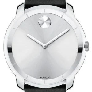 Movado Bold Silver Dial Black Leather Strap Watch For Men - 3600468