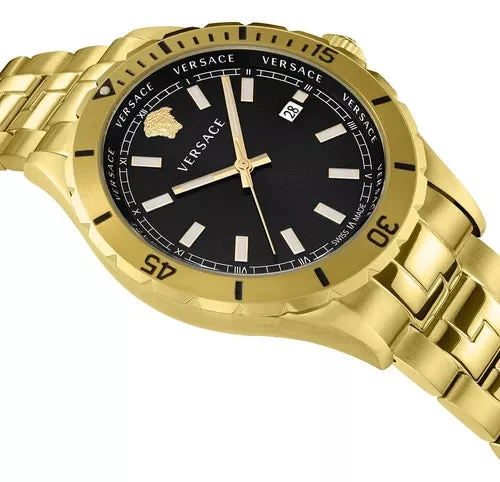 D_NQ_NP_722491-MLB74441450215_022024-O Versace Hellenyium Quartz Black Dial Gold Steel Strap Watch For Men - VE3A00820