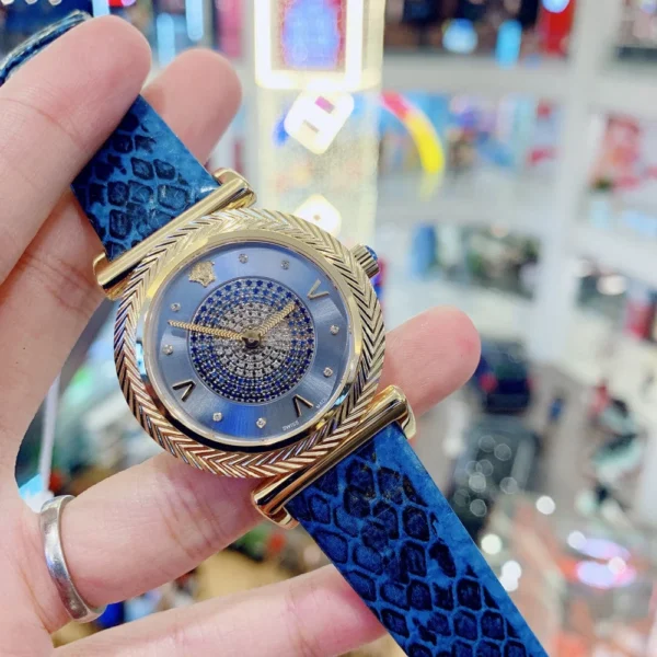 IZgNFY5EoR-1570544778 Versace V-Motif Vintage Logo Diamonds Blue Dial Blue Leather Strap Watch for Women - VERE01018