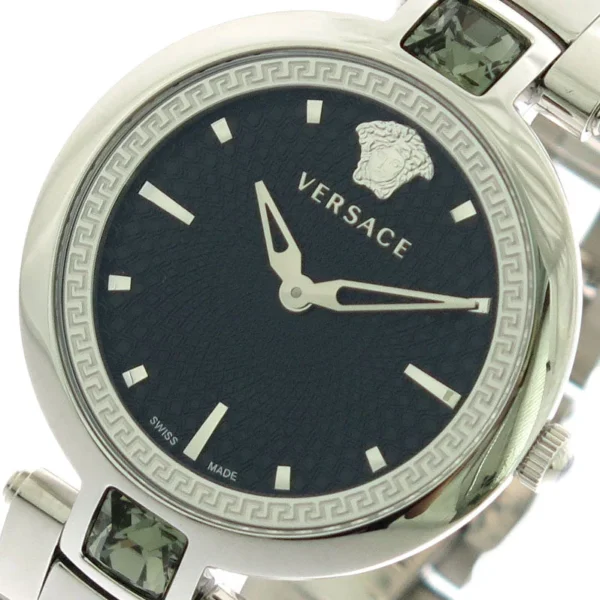 MIRAI_561155 Versace Crystal Gleam Guilloche Black Dial Silver Steel Strap Watch for Women - VAN030016