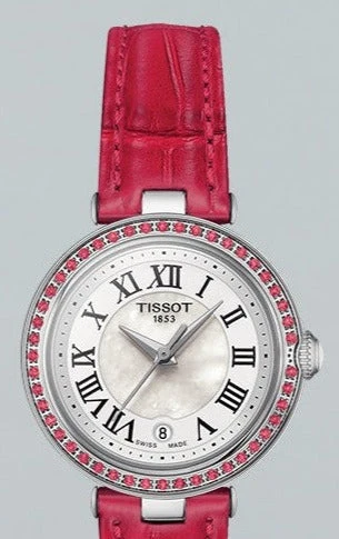Tissot Bellissima Small Lady Diamonds Mother of Pearl Dial Red Leather Strap Watch For Women - T126.010.66.113.00