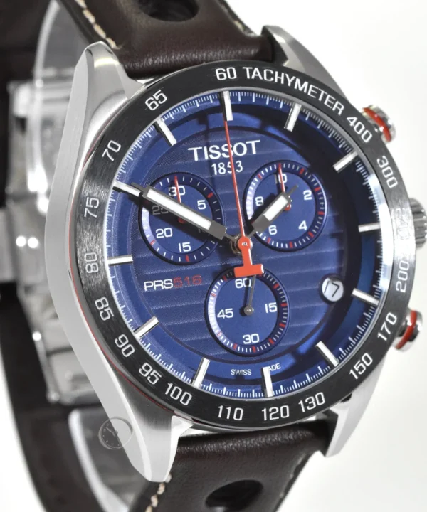 T1004171604100_3 Tissot PRS 516 Chronograph Blue Dial Brown Leather Strap Watch For Men - T100.417.16.041.00