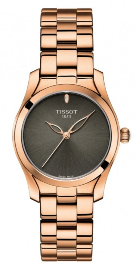 T112.210.33.061.00 Tissot T Wave Anthracite Dial Rose Gold Steel Strap Watch For Women - T112.210.33.061.00