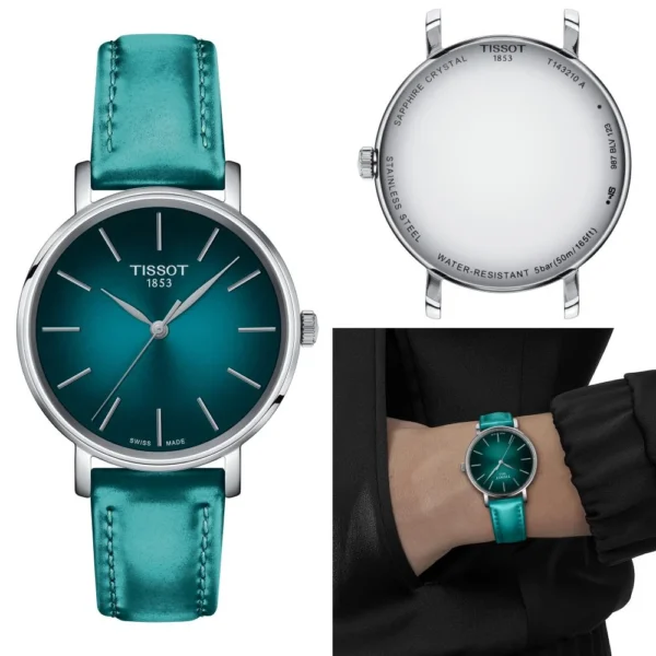 T143.210.17.091.00 Tissot Everytime Lady Green Dial Green Leather Strap Watch for Women - T143.210.17.091.00