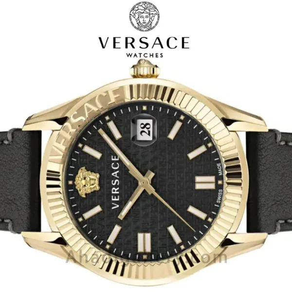VE3K00222-1 Versace Greca Time Quartz Black Dial Brown Leather Strap Watch For Men - VE3K00222