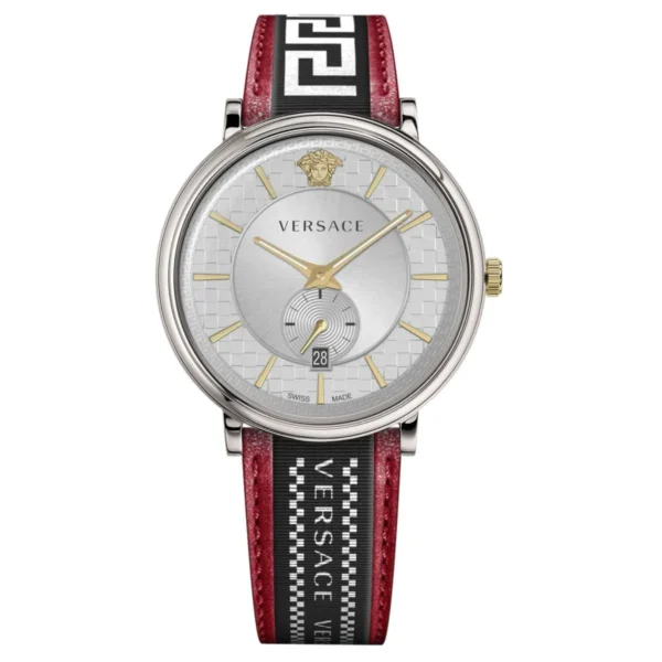 VEBQ01319_FXA_330458d5-735f-4a92-904e-50613b67c025 Versace V Circle Silver Dial Two Tone Leather Strap Watch for Men - VEBQ01319