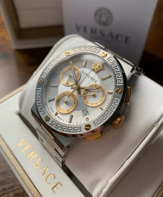 VERSACE-Greca-Logo-Chronograph-43mm-Silver-Dial-Quartz Versace Greca Chronograph White Dial Two Tone Steel Strap Watch For Men - VEZ900321