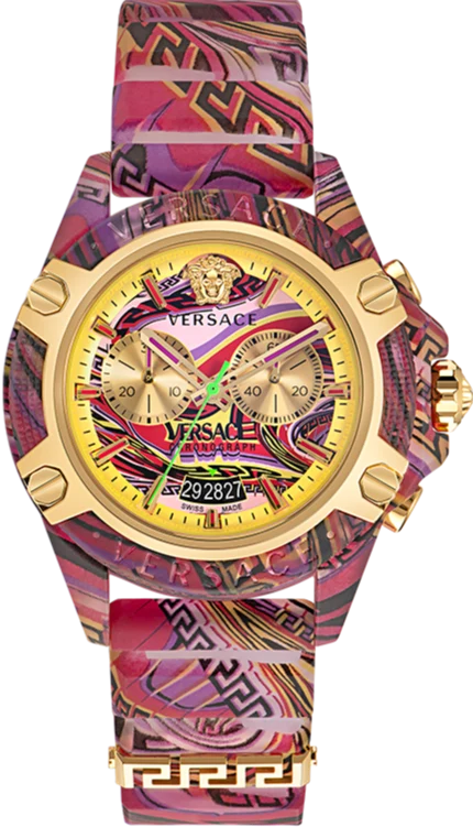 VEZ701222 Versace Icon Active Chronograph Quartz Gold Dial Red Leather Strap Watch For Men - VEZ701222