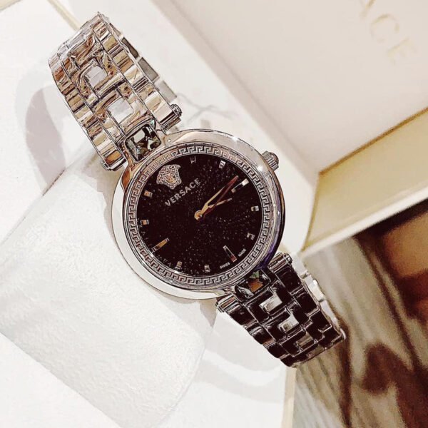 crystal-gleam-mat-tron-mau-den-day-kim-loai-mau-bac-van030016_5 Versace Crystal Gleam Guilloche Black Dial Silver Steel Strap Watch for Women - VAN030016