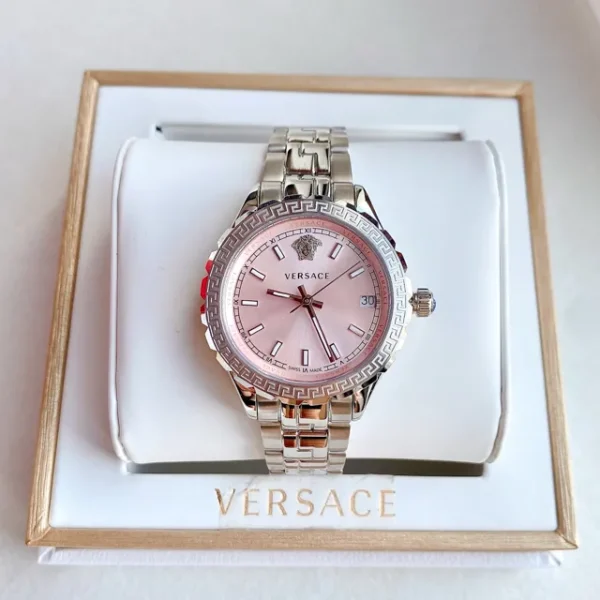 dong-ho-nu-versace-v12010015-chinh-hang Versace Hellenyium Pink Dial Silver Steel Strap Watch for Women - V12010015