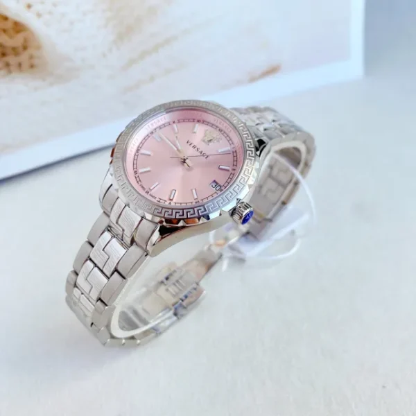 dong-ho-nu-versace-v12010015-chinh-hang-sapphire Versace Hellenyium Pink Dial Silver Steel Strap Watch for Women - V12010015