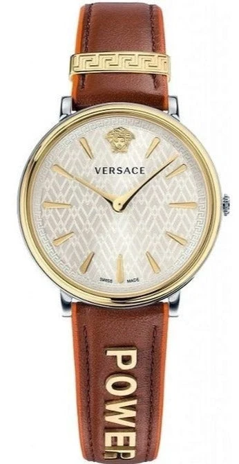 image_53c35b28-9486-40e6-908f-9d857d44851f Versace V Circle Quartz Silver Dial Brown Leather Strap Watch For Women - VBP04017