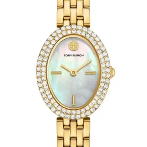 Tory Burch Oval Mother of Pearl Dial Gold Steel Strap Watch for Women - TBW6034