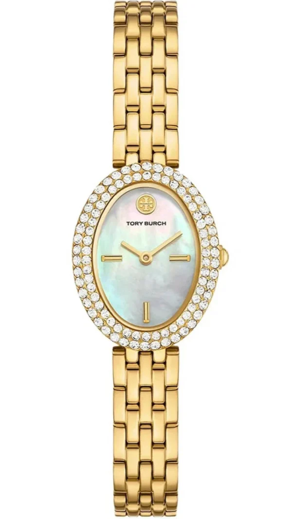 Tory Burch Oval Mother of Pearl Dial Gold Steel Strap Watch for Women - TBW6034